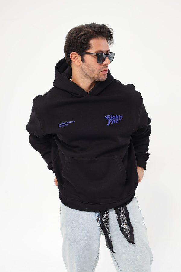 Kapüşonlu İçi Polar Eighty Five Yazı Baskılı Siyah Oversize Hoodie Sweatshirt