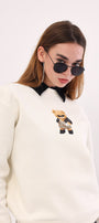 Bisiklet Yaka İçi Polar Teddy Bear Leopar Baskılı Beyaz Unisex Sweatshirt