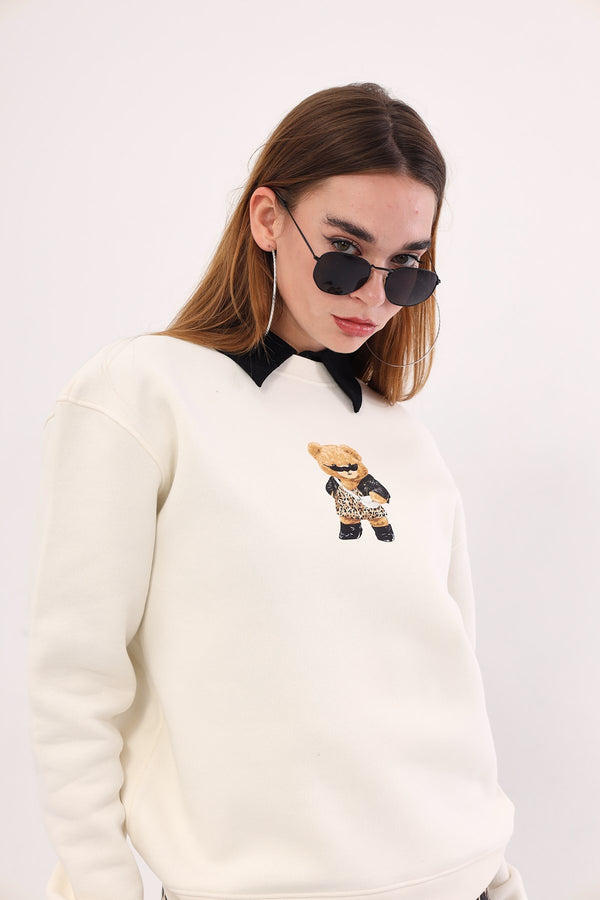 Bisiklet Yaka İçi Polar Teddy Bear Leopar Baskılı Beyaz Unisex Sweatshirt