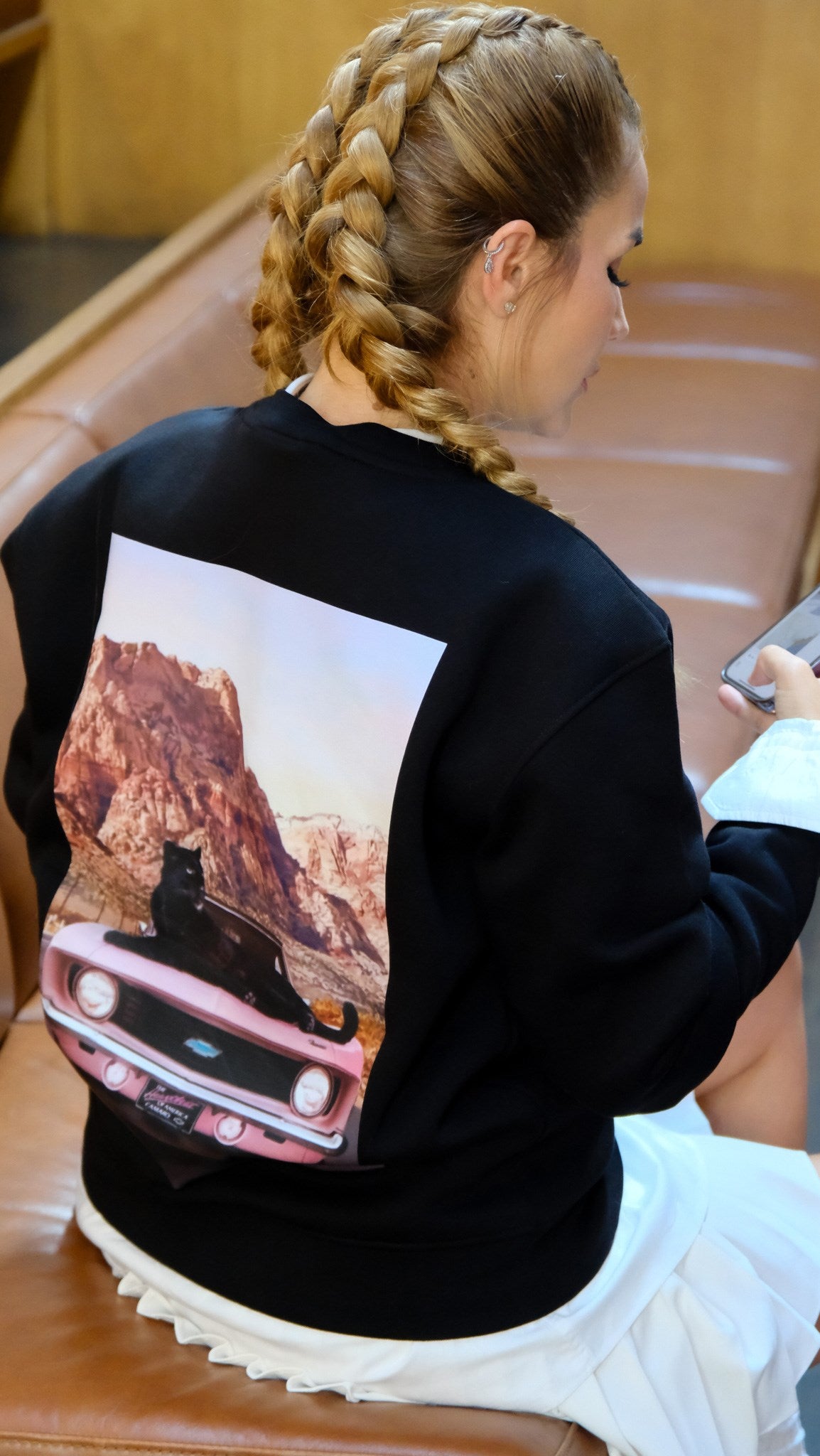 Unisex Oversize Sweatshirt Desert Panther Baskılı Siyah – Bisiklet Yaka, 3 İplik Şardonlu Polar