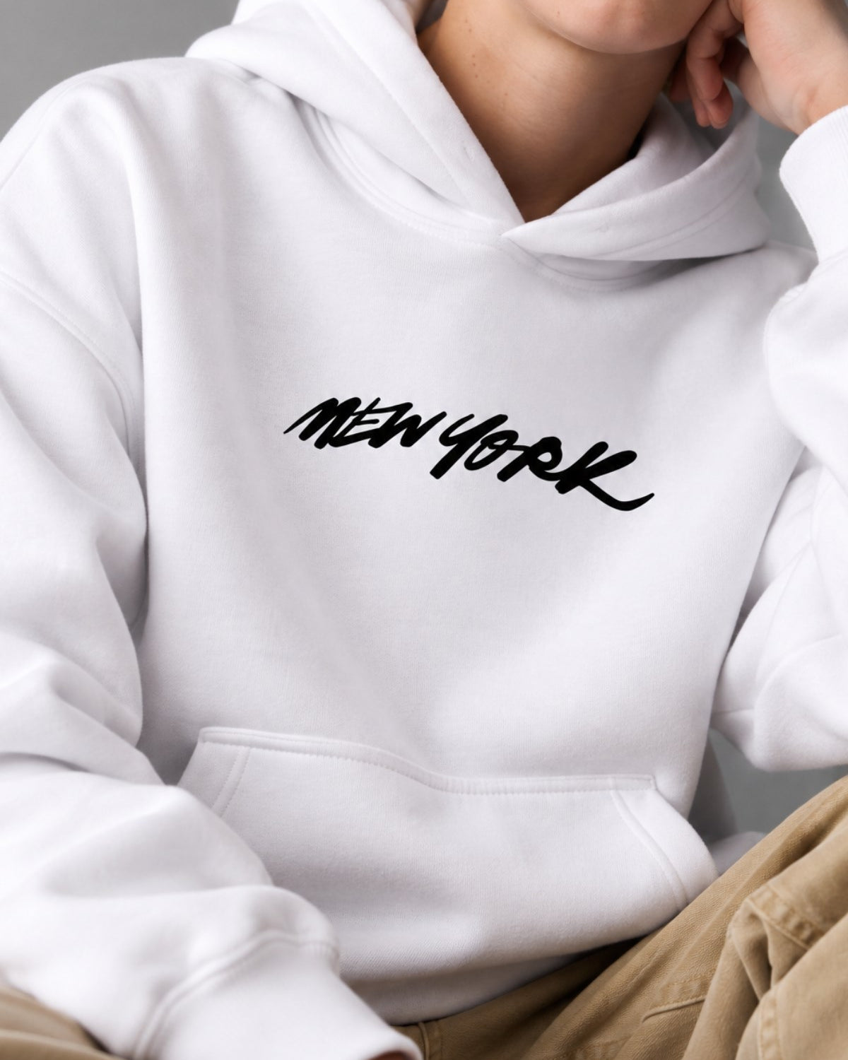 Erkek Çocuk Oversize Hoodie Sweatshirt DAY IN NYC Baskılı Beyaz – Kapüşonlu, Cepli, 3 İplik Polar