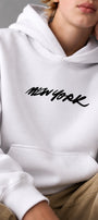 Erkek Çocuk Oversize Hoodie Sweatshirt DAY IN NYC Baskılı Beyaz – Kapüşonlu, Cepli, 3 İplik Polar