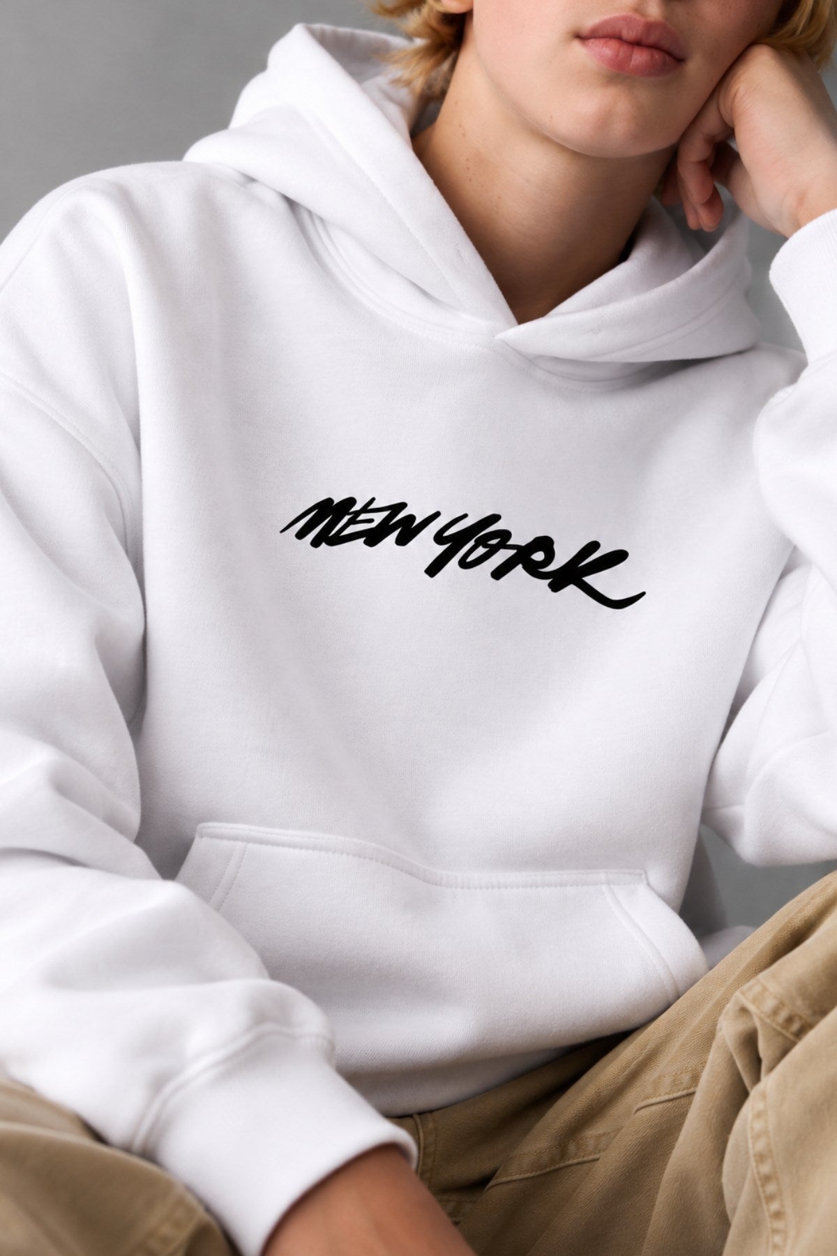 Erkek Çocuk Oversize Hoodie Sweatshirt DAY IN NYC Baskılı Beyaz – Kapüşonlu, Cepli, 3 İplik Polar