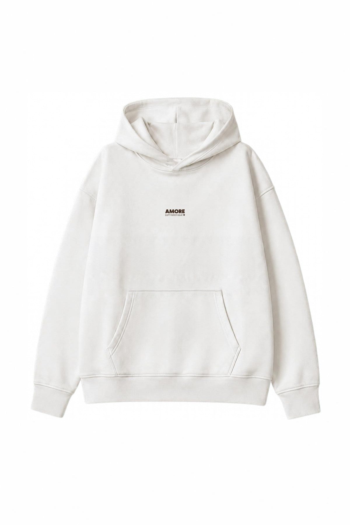 Kadın Oversize Hoodie Amore Baskılı Beyaz – Kapüşonlu, Kanguru Cepli, 3 İplik Şardonlu Polar