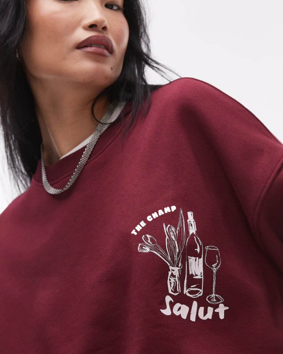 Oversize Unisex Sweatshirt Bordo – 3 İplik Şardonlu Polar Kumaş, Bisiklet Yaka, Salut Arka Baskılı