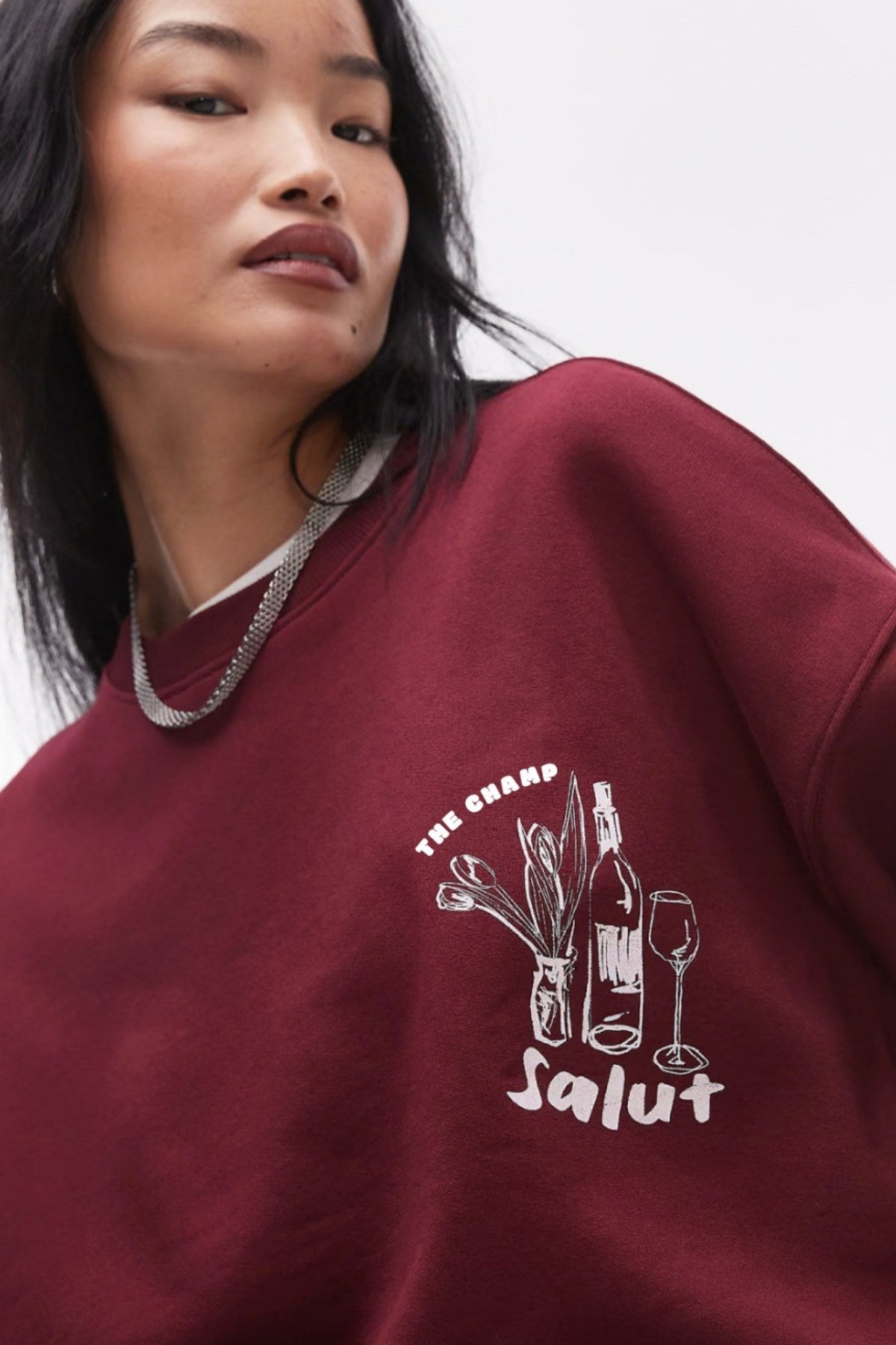 Oversize Unisex Sweatshirt Bordo – 3 İplik Şardonlu Polar Kumaş, Bisiklet Yaka, Salut Arka Baskılı