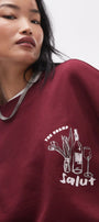 Oversize Unisex Sweatshirt Bordo – 3 İplik Şardonlu Polar Kumaş, Bisiklet Yaka, Salut Arka Baskılı