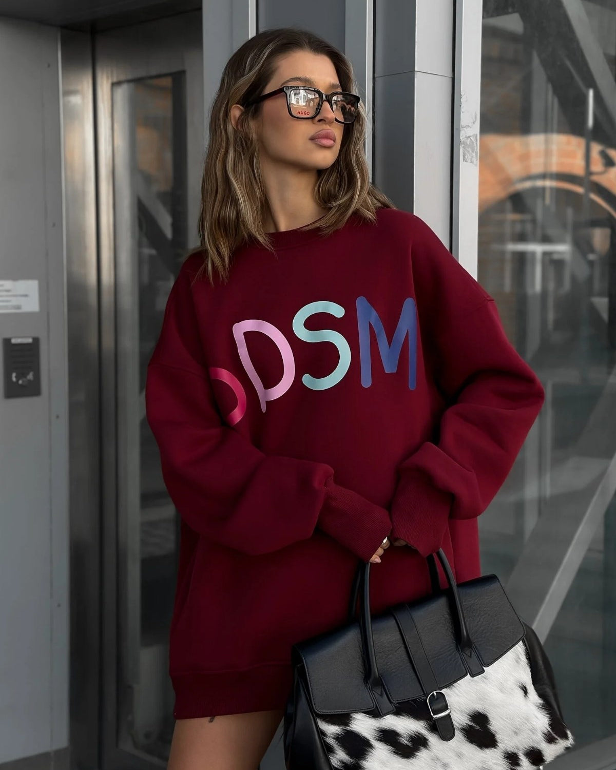 Kadın Oversize Sweatshirt Elbise Color Pop Baskılı Bordo – Bisiklet Yaka, 3 İplik Şardonlu Polar