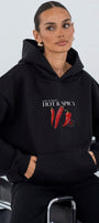 Kadın Oversize Sweatshirt Hoodie Hot & Spicy Baskılı Siyah – Kapüşonlu, 3 İplik Şardonlu Polar