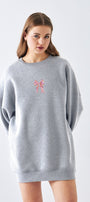 Kadın Oversize Sweat Elbise Pembe Kurdele Baskılı Gri Melanj – Bisiklet Yaka, 3 İplik Şardonlu Polar