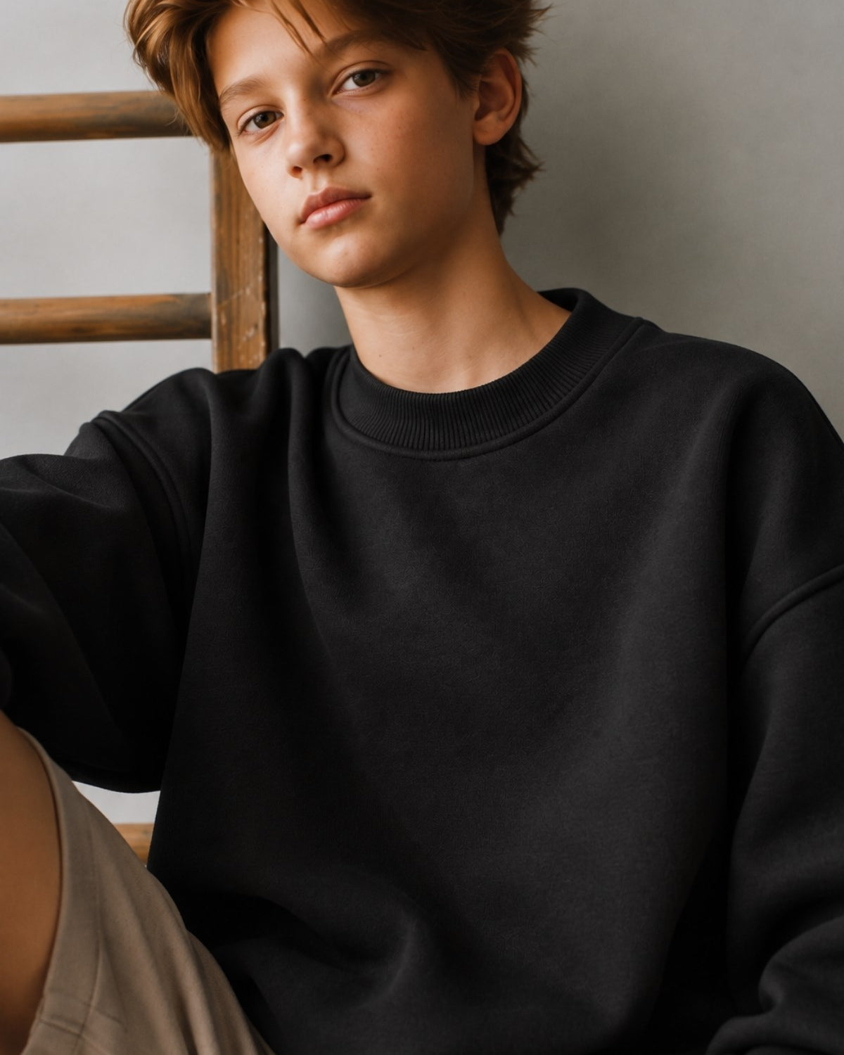 Erkek Çocuk Oversize Sweatshirt Basic Siyah – Bisiklet yaka, 3 iplik şardonlu polar