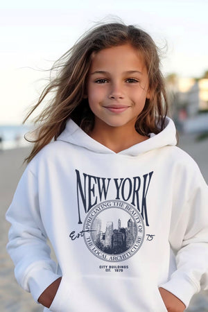  Kapüşonlu İçi Polar New York Yazı Baskılı Beyaz Unisex Çocuk Hoodie Sweatshirt