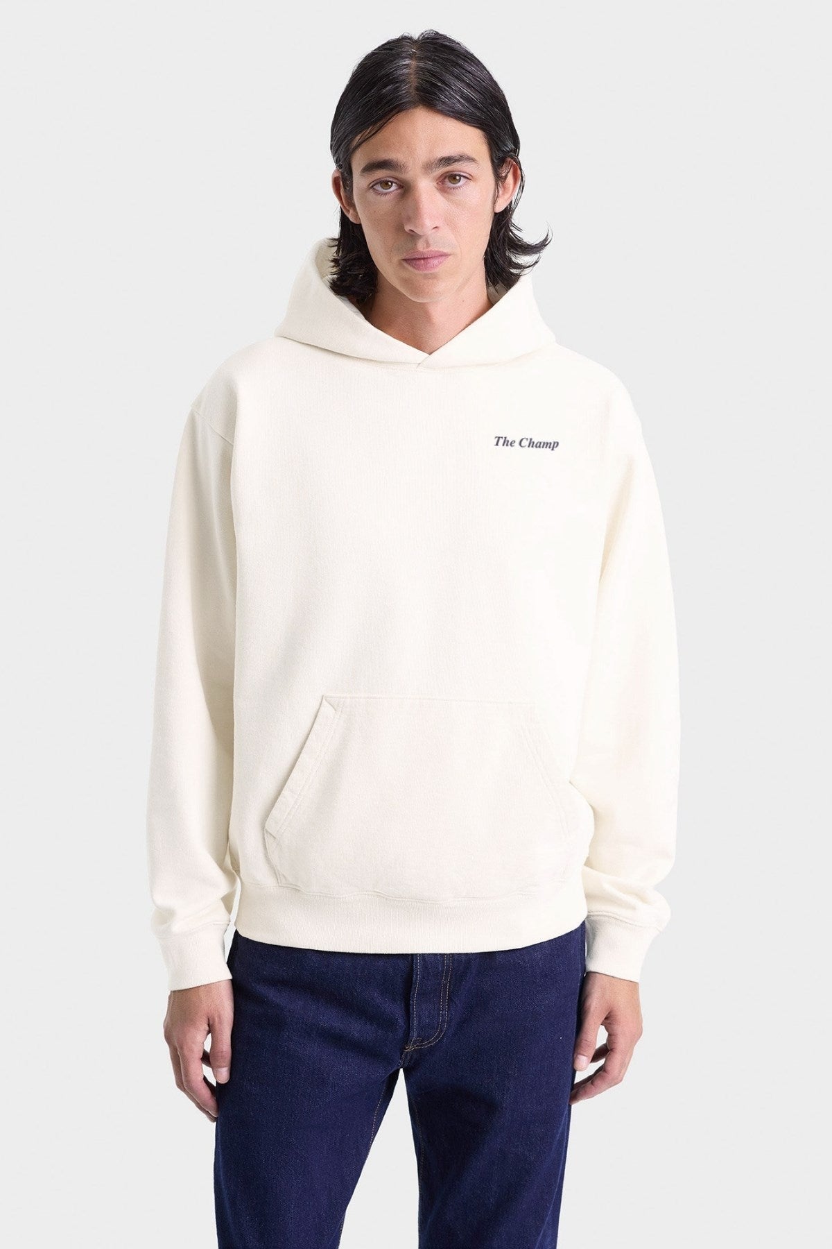 Unisex 3 İplik Şardonlu Ekru Kapüşonlu Sweatshirt – The Champ Baskılı, Armalı, Modern Şehir Modası