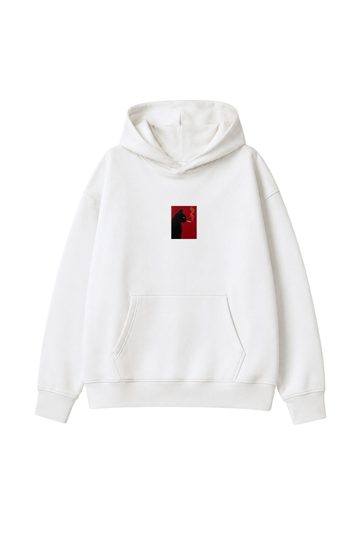 Kadın Oversize Hoodie Noir Cat Baskılı Beyaz – Kapüşonlu, Kanguru Cepli, 3 İplik Şardonlu Polar