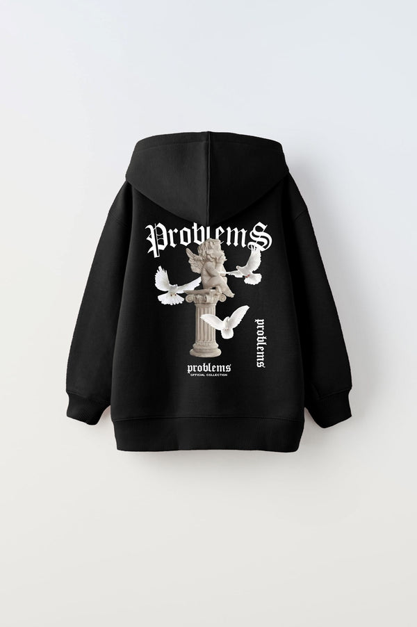 Kapüşonlu İçi Polar Problems Yazılı Heykel Baskılı Siyah Unisex Çocuk Hoodie Sweatshirt