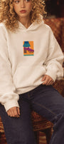 Kadın Oversize Hoodie Seventies Party Baskılı Beyaz - Kapüşonlu, Kanguru Cepli, 3 İplik Polar