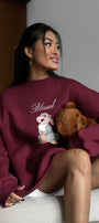 Kadın Oversize Sweatshirt Elbise Blessed Bunny Baskılı Bordo – Bisiklet Yaka, 3 İplik Şardonlu Polar