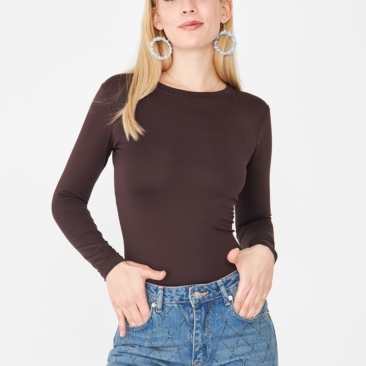 Kadın Ultra Soft Yuvarlak Yaka Bluz Kahverengi 
