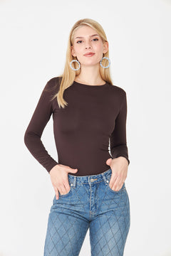 Kadın Ultra Soft Yuvarlak Yaka Bluz Kahverengi