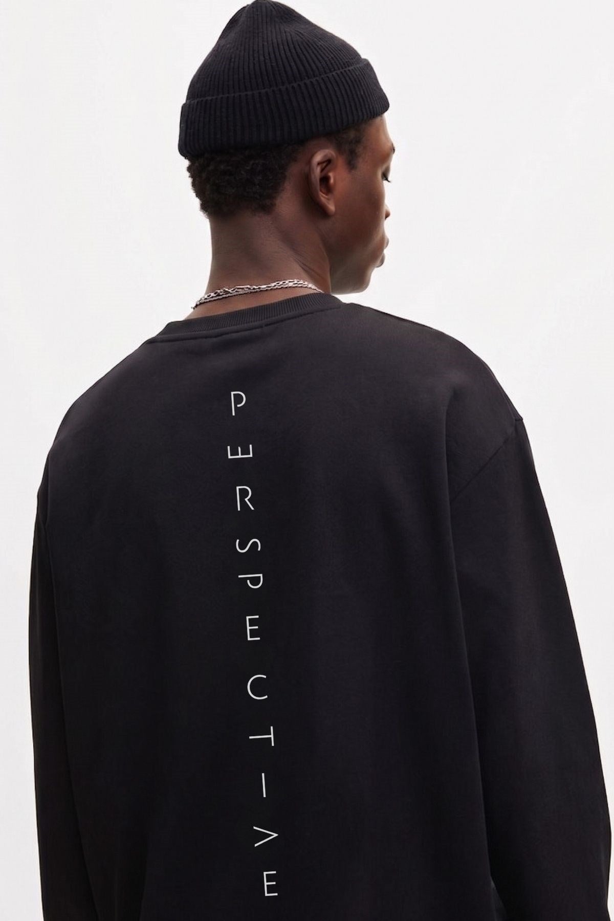 Erkek Oversize Sweatshirt Perspectiv Baskılı Siyah – Bisiklet Yaka, 3 İplik Şardonlu Polar