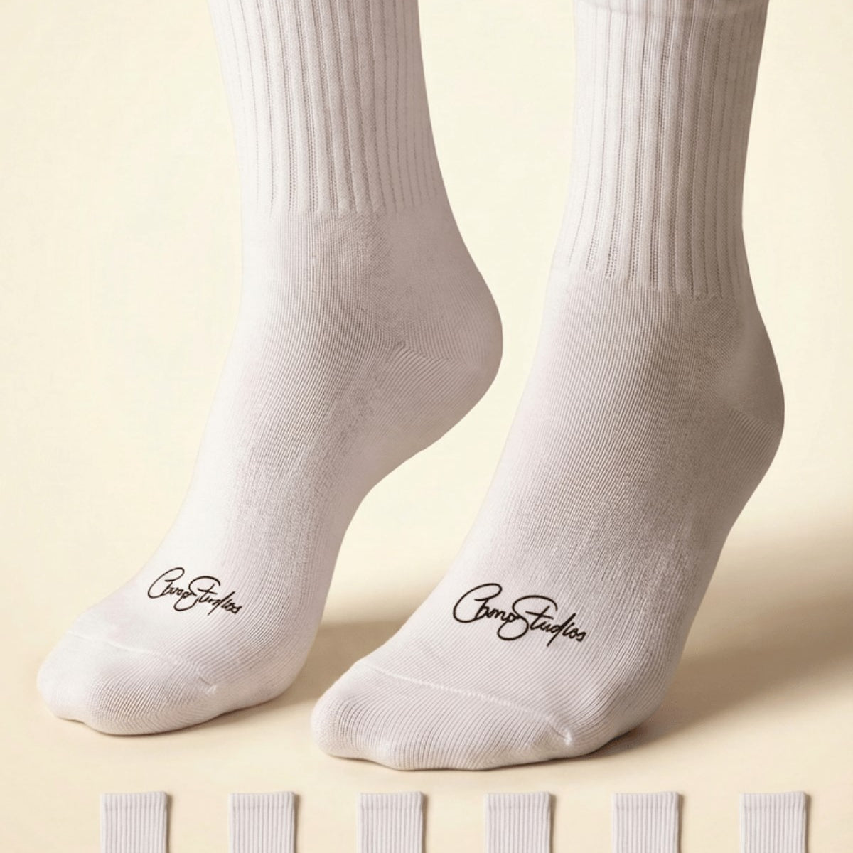 Unisex Düz Beyaz Ribanalı Uzun Çorap CHMP STUDIOS Baskılı – Nefes Alan Pamuklu Penye, 6’lı Paket