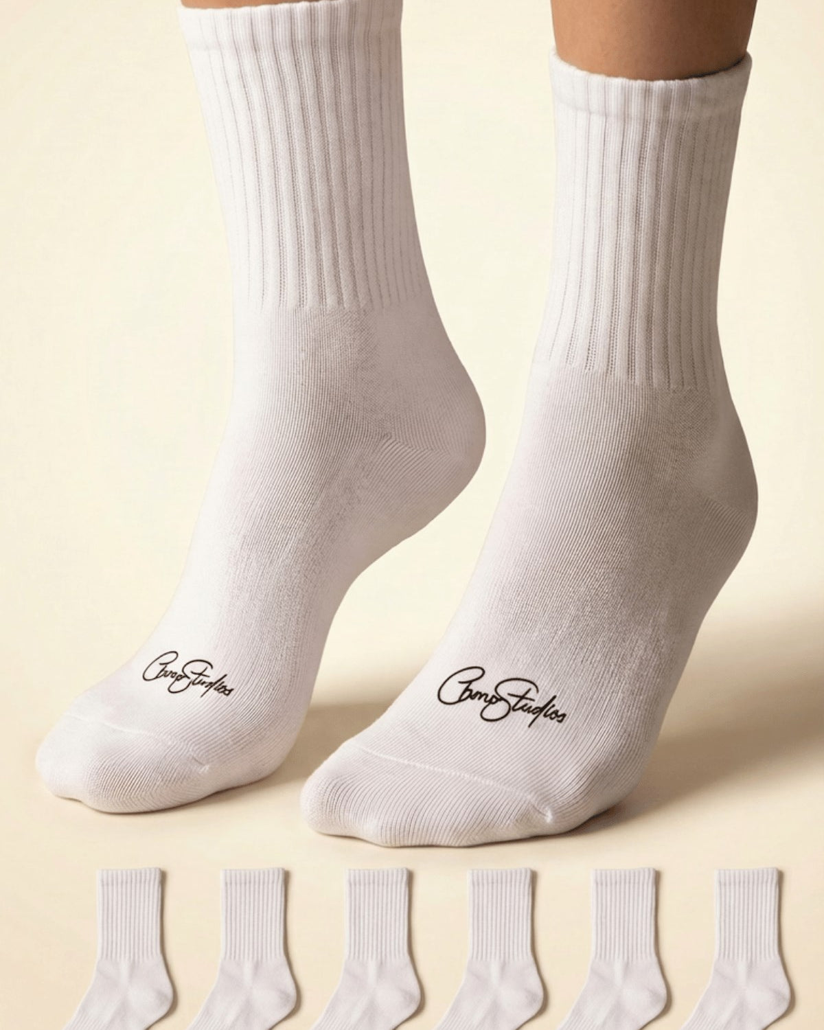 Unisex Düz Beyaz Ribanalı Uzun Çorap CHMP STUDIOS Baskılı – Nefes Alan Pamuklu Penye, 6’lı Paket