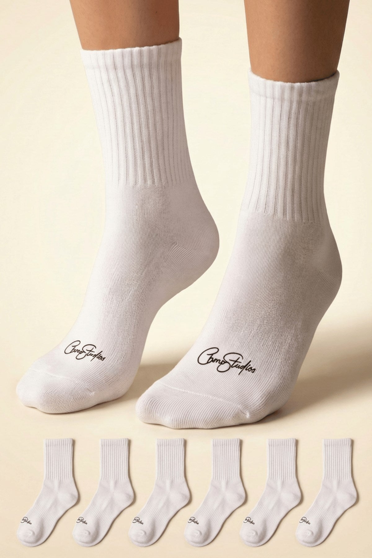 Unisex Düz Beyaz Ribanalı Uzun Çorap CHMP STUDIOS Baskılı – Nefes Alan Pamuklu Penye, 6’lı Paket