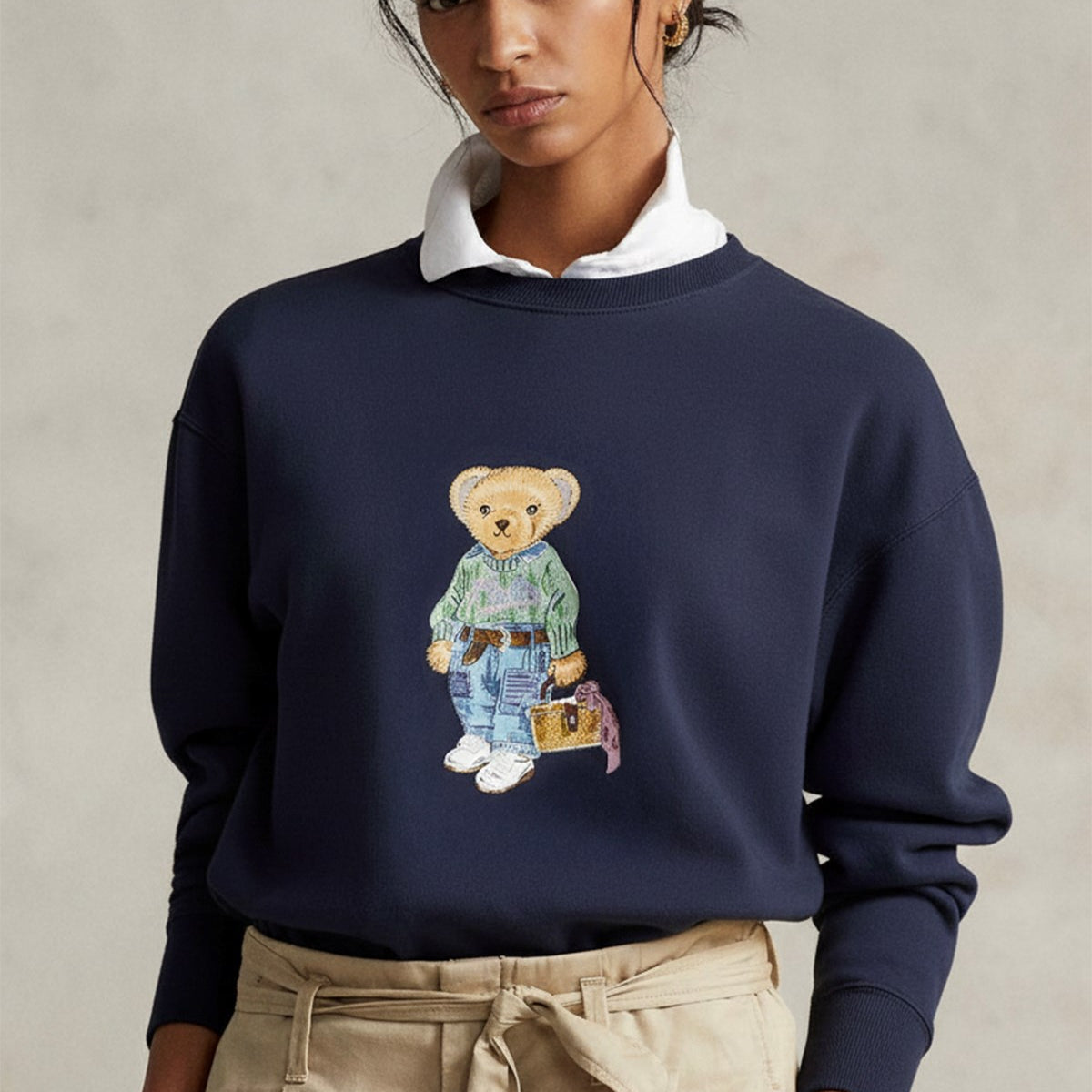 Kadın Oversize Sweatshirt Weekend Bear Baskılı Lacivert – Bisiklet Yaka, 3 İplik Şardonlu