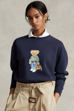 Kadın Oversize Sweatshirt Weekend Bear Baskılı Lacivert – Bisiklet Yaka, 3 İplik Şardonlu