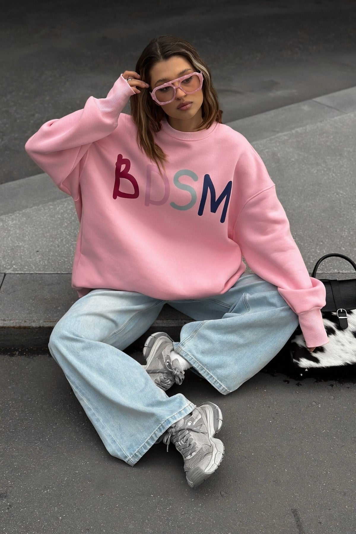 Kadın Oversize Sweatshirt Elbise Color Pop Baskılı Pembe – Bisiklet Yaka, 3 İplik Şardonlu Polar