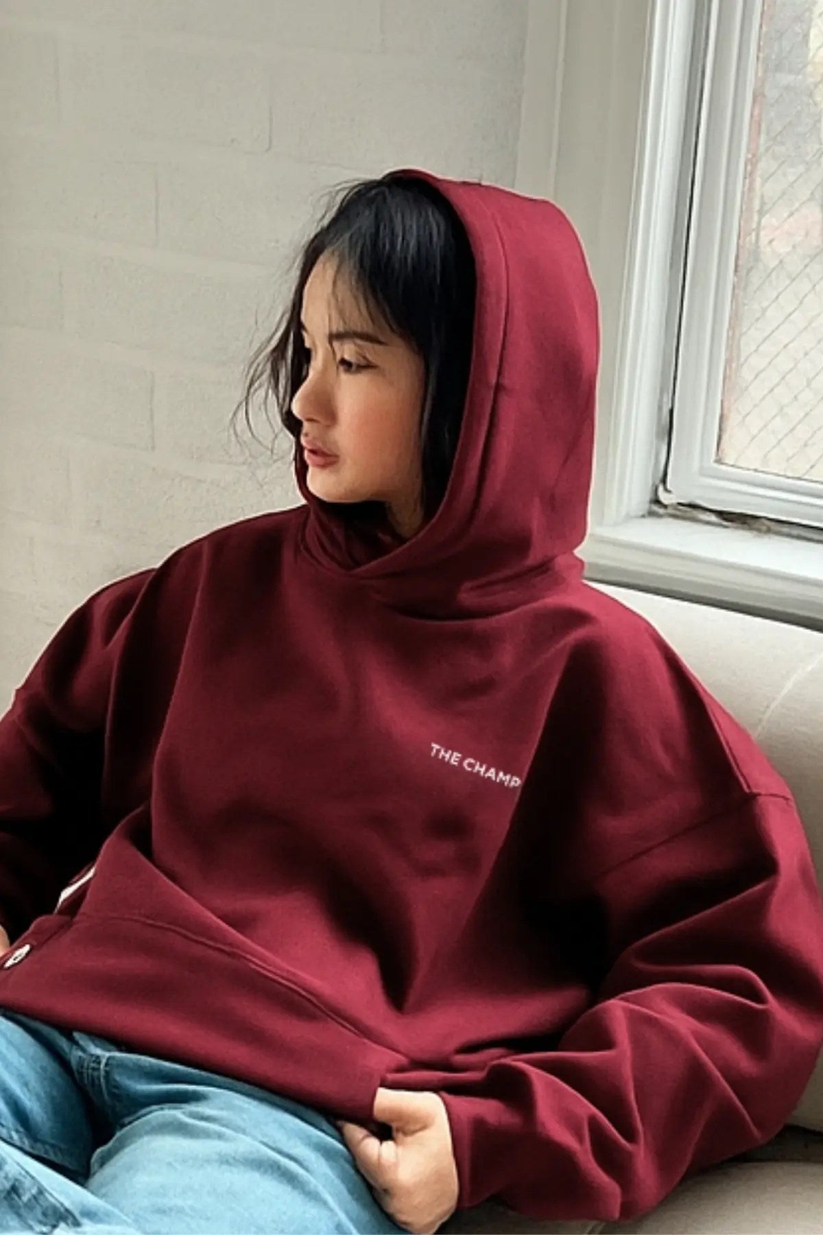 Every Thing Is Fine Baskılı Unisex Bordo Kapüşonlu Sweatshirt – 3 İplik Şardonlu Kumaş
