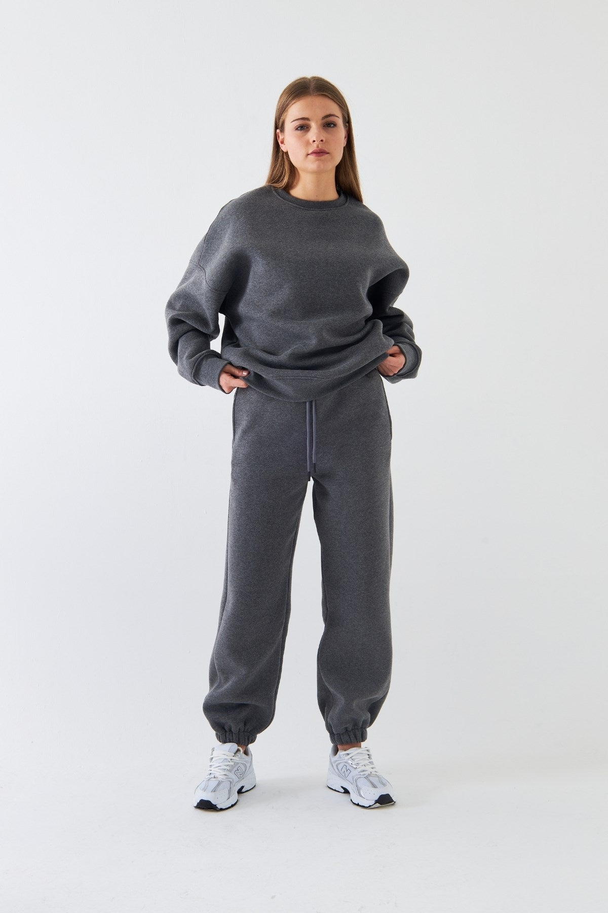 Unisex Oversize Sweatshirt Basic Füme Melanj – Bisiklet Yaka, 3 İplik Şardonlu Polar