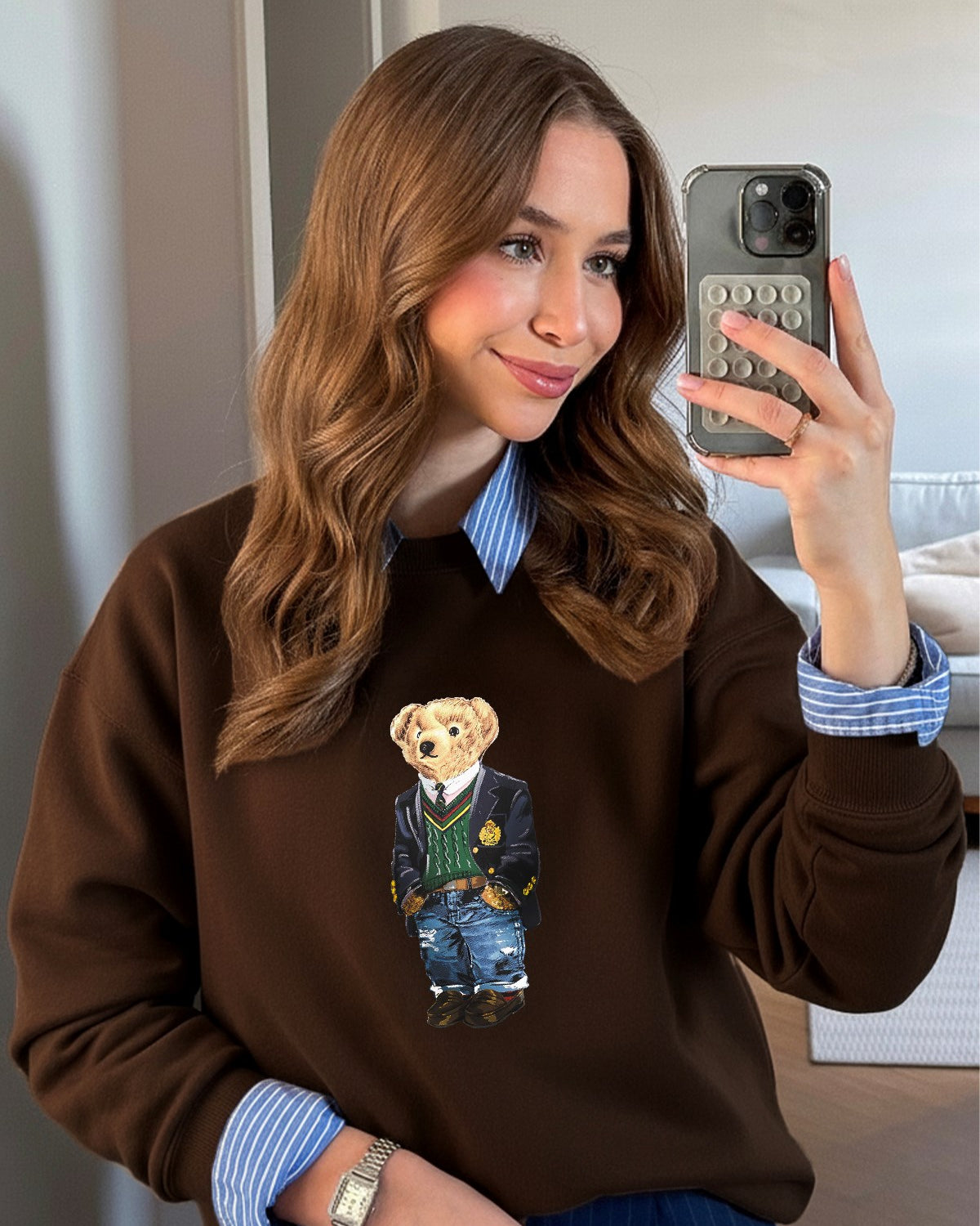 Kadın Oversize Sweatshirt Ivy Bear Baskılı Kahverengi – Bisiklet Yaka, 3 İplik Şardonlu
