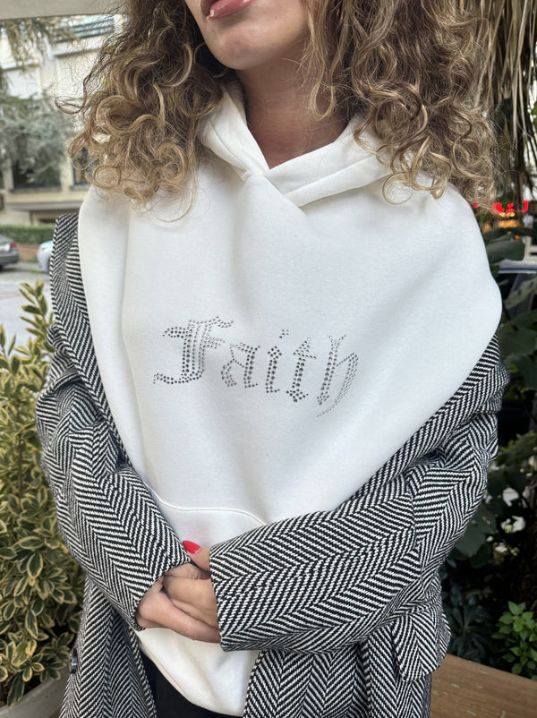 Faith Yazılı Taş Baskılı Kapüşonlu İçi Polar Oversize Beyaz Sweatshirt