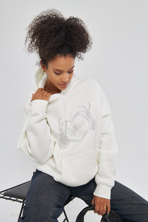 Amor Yazılı Taş Baskılı Kapüşonlu İçi Polar Oversize Beyaz Sweatshirt