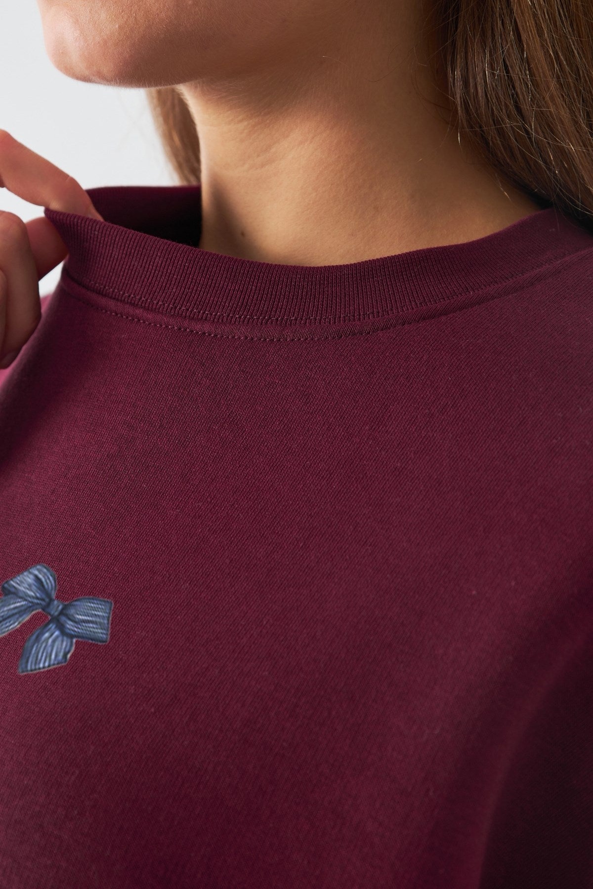 Kadın Oversize Sweatshirt How Lucky Are We Baskılı Bordo – Bisiklet Yaka, 3 İplik Şardonlu Polar