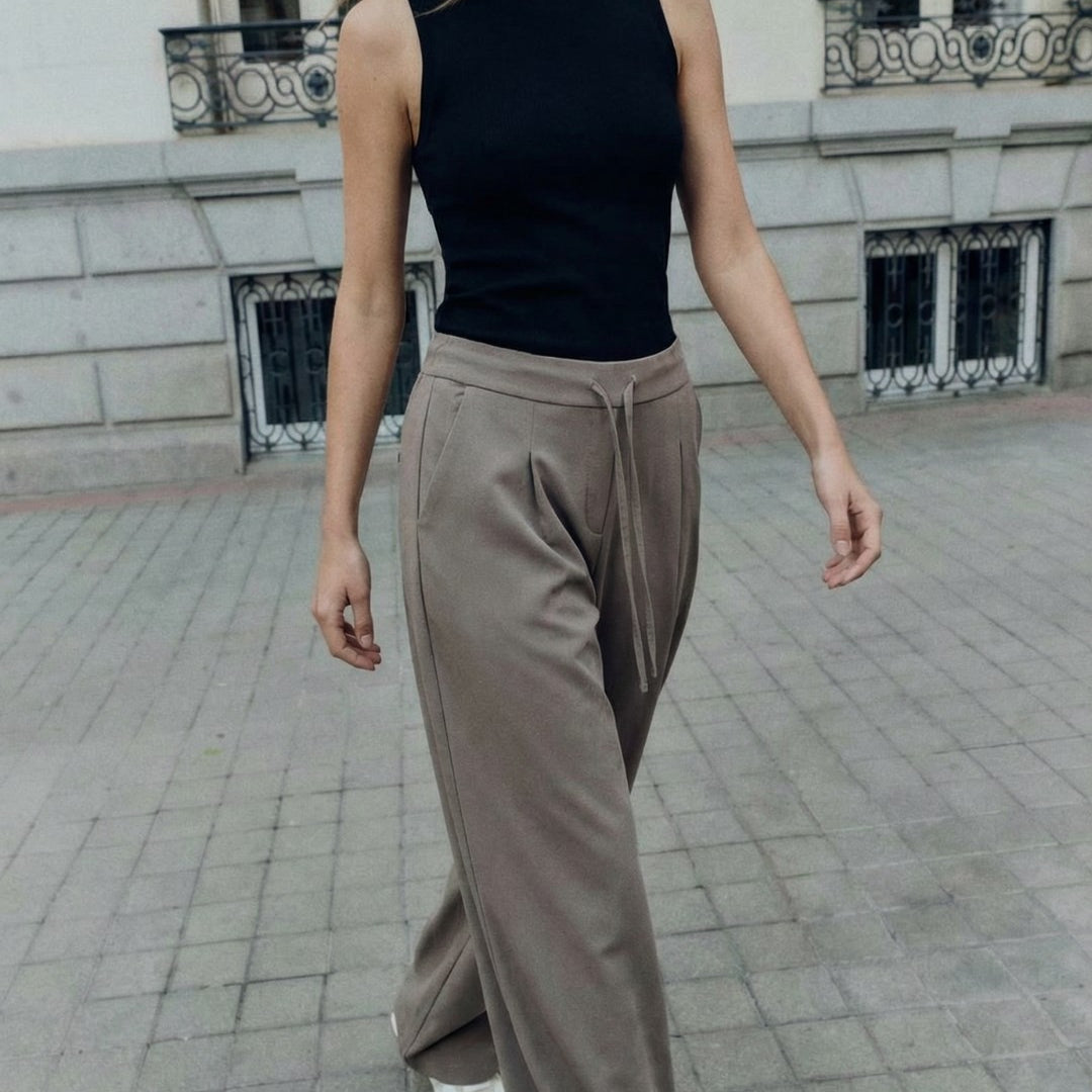 Kadın Vizon Bol Paça Pantolon – Lastikli Bel, Bağcıklı, Dökümlü Kesim