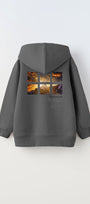 Füme Kapüşonlu İçi Polar Dağ Baskılı Unisex Çocuk Sweatshirt