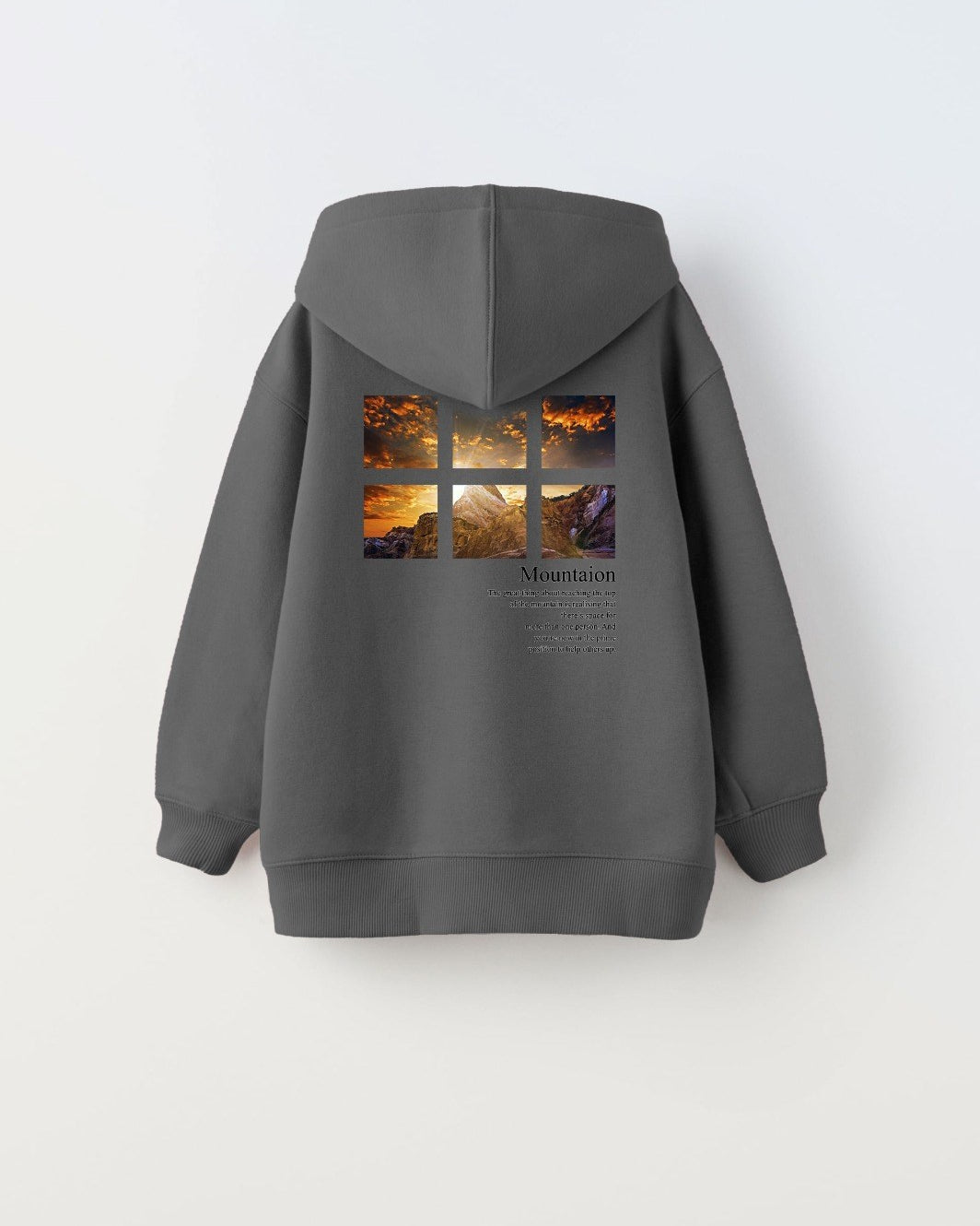 Füme Kapüşonlu İçi Polar Dağ Baskılı Unisex Çocuk Sweatshirt