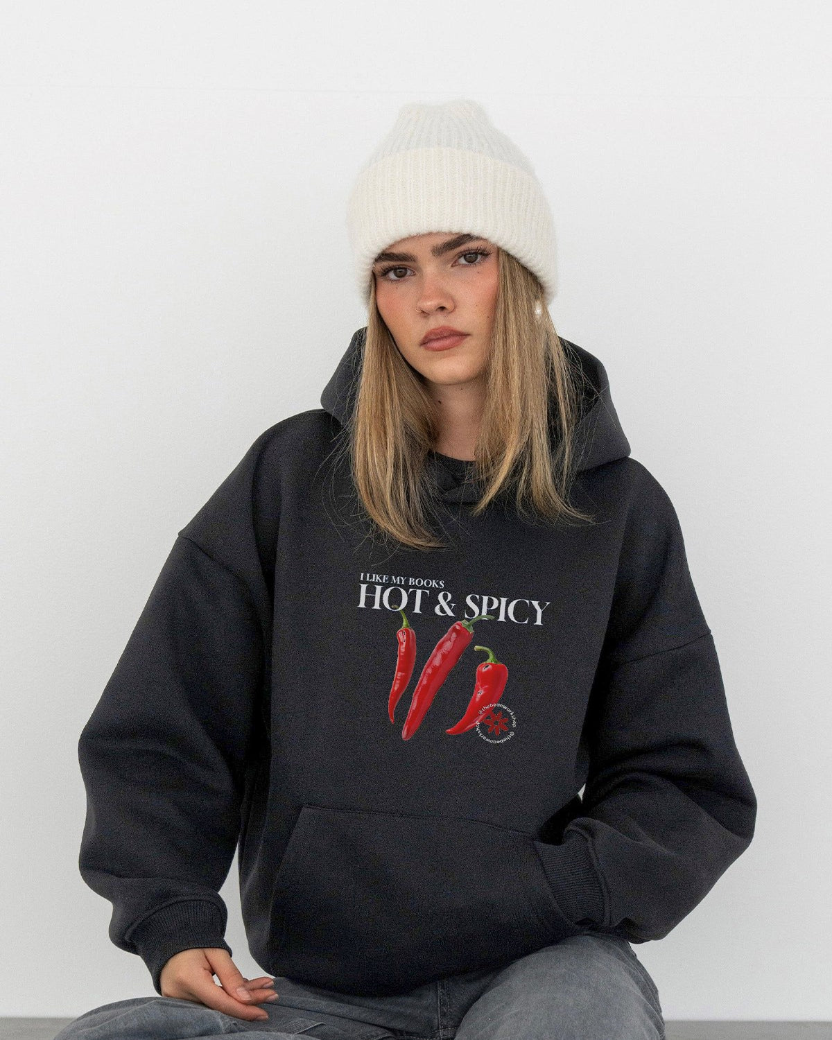 Kadın Oversize Sweatshirt Hoodie Hot & Spicy Baskılı Füme – Kapüşonlu, 3 İplik Şardonlu Polar