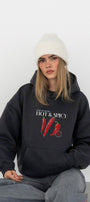 Kadın Oversize Sweatshirt Hoodie Hot & Spicy Baskılı Füme – Kapüşonlu, 3 İplik Şardonlu Polar