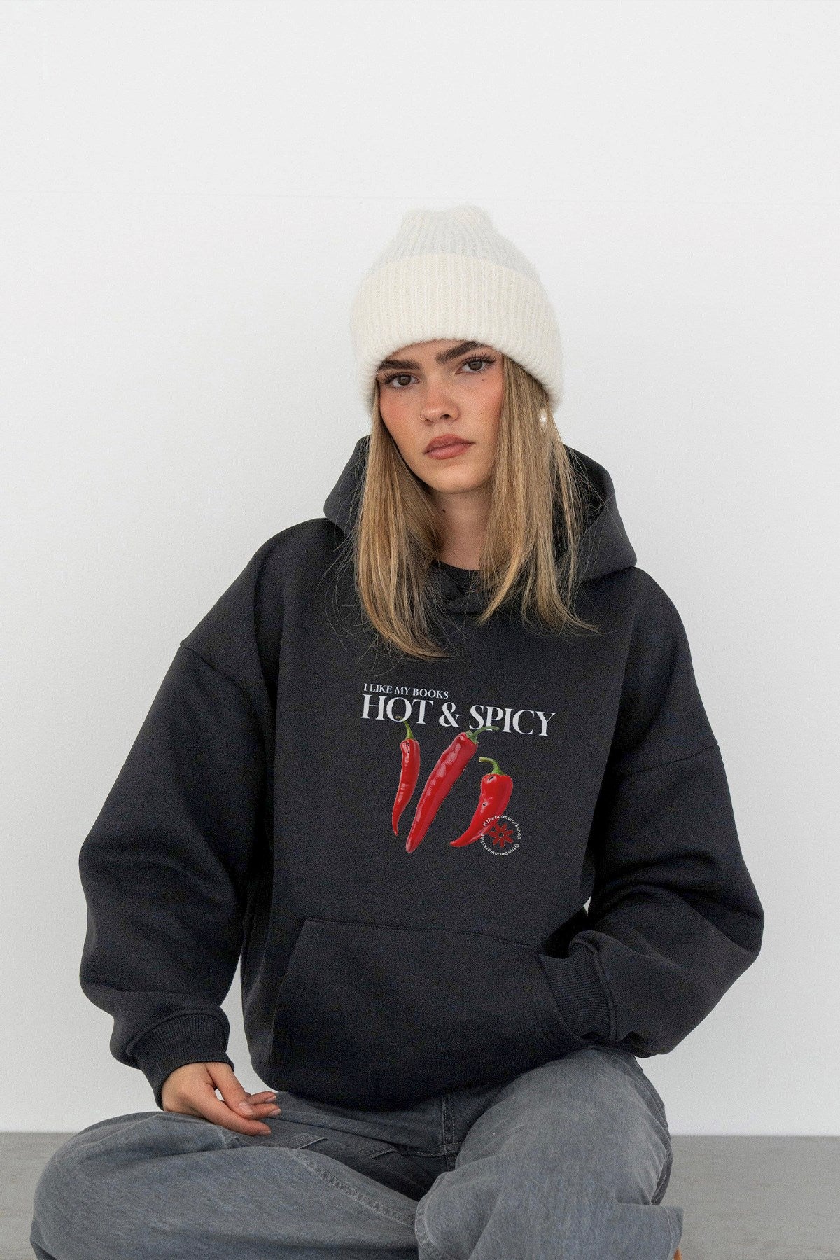Kadın Oversize Sweatshirt Hoodie Hot & Spicy Baskılı Füme – Kapüşonlu, 3 İplik Şardonlu Polar