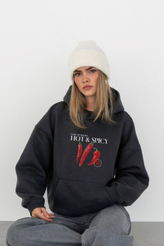 Kadın Oversize Sweatshirt Hoodie Hot & Spicy Baskılı Füme – Kapüşonlu, 3 İplik Şardonlu Polar