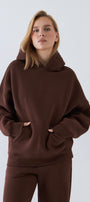 Oversize Unisex Sweatshirt Hoodie Kahverengi – Kapüşonlu, 3 İplik Şardonlu Polar, Kanguru Cepli, Basic