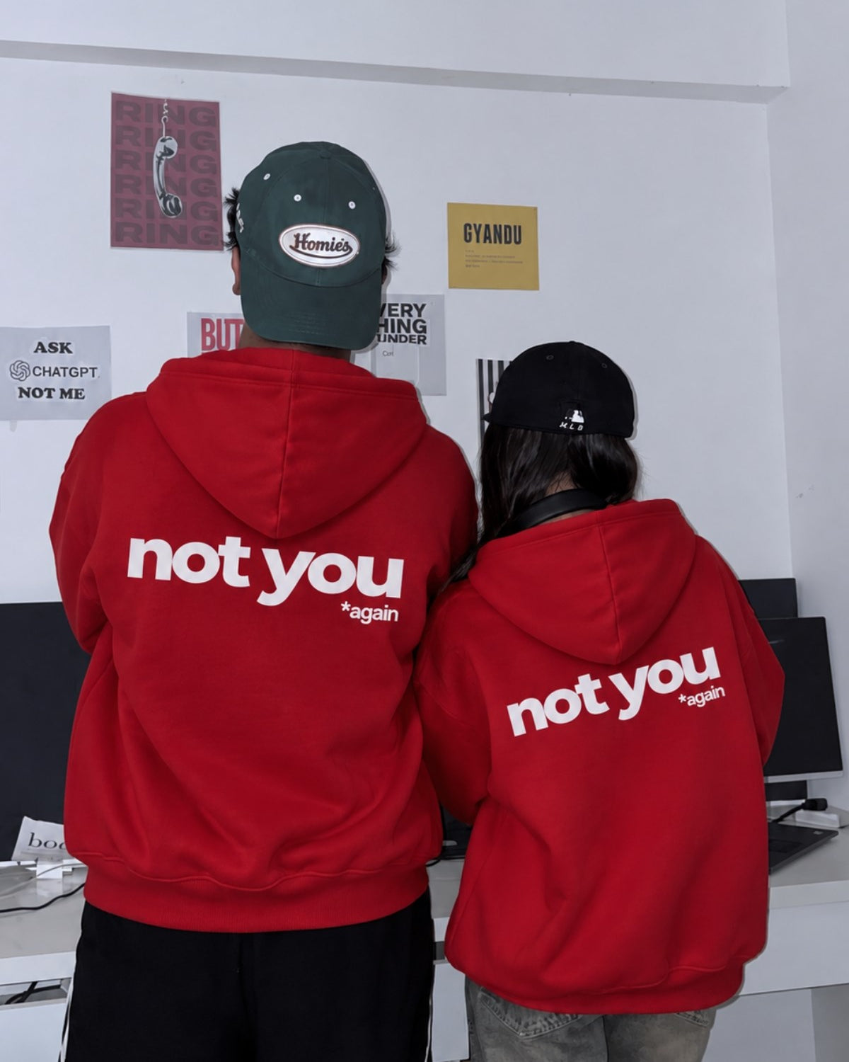 Unisex Oversize Hoodie Not You Again Baskılı Kırmızı – Kapüşonlu, Kanguru Cepli, 3 İplik Şardonlu 