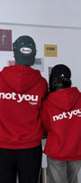 Unisex Oversize Hoodie Not You Again Baskılı Kırmızı – Kapüşonlu, Kanguru Cepli, 3 İplik Şardonlu 