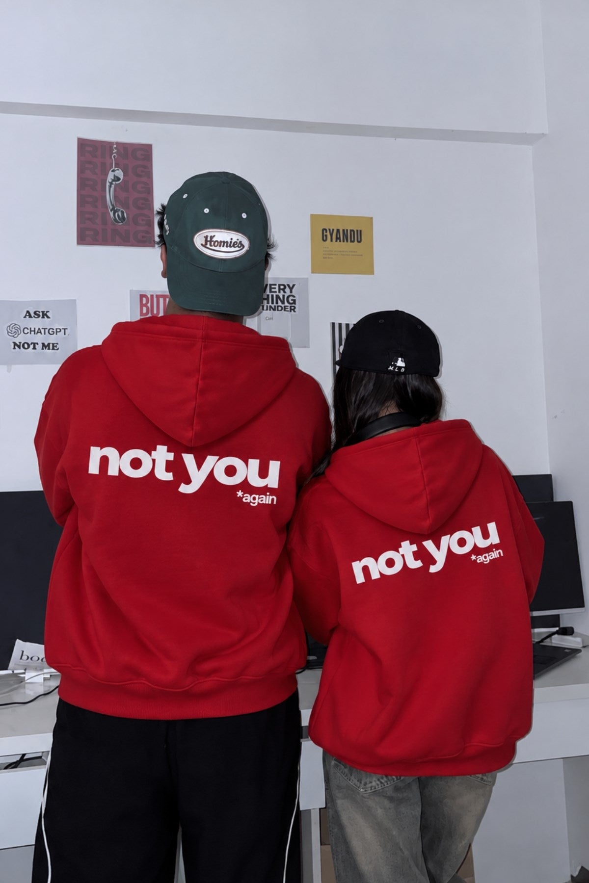 Unisex Oversize Hoodie Not You Again Baskılı Kırmızı – Kapüşonlu, Kanguru Cepli, 3 İplik Şardonlu 