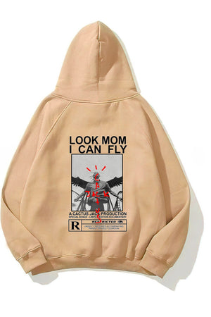 Kapüşonlu İçi Polar Look Mom I Can Fly Baskılı Unisex Bej Oversize Hoodie Sweatshirt