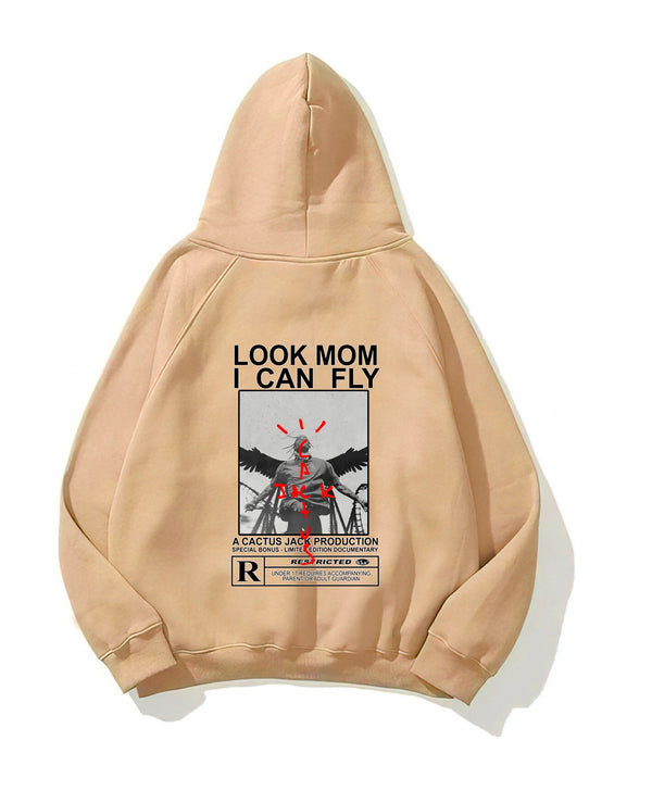 Kapüşonlu İçi Polar Look Mom I Can Fly Baskılı Unisex Bej Oversize Hoodie Sweatshirt