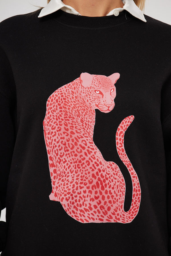 Bisiklet Yaka İçi Polar Leopar Baskılı Siyah Oversize Sweatshirt